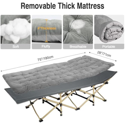 REDCAMP Folding Camping Beds for adults, Heavy Duty Sturdy Camp Bed with Thick and Soft Mattress, Stronge Thicker Tubes Sleeping Bed Outdoor Travel Office, Grey with Thicker Pad