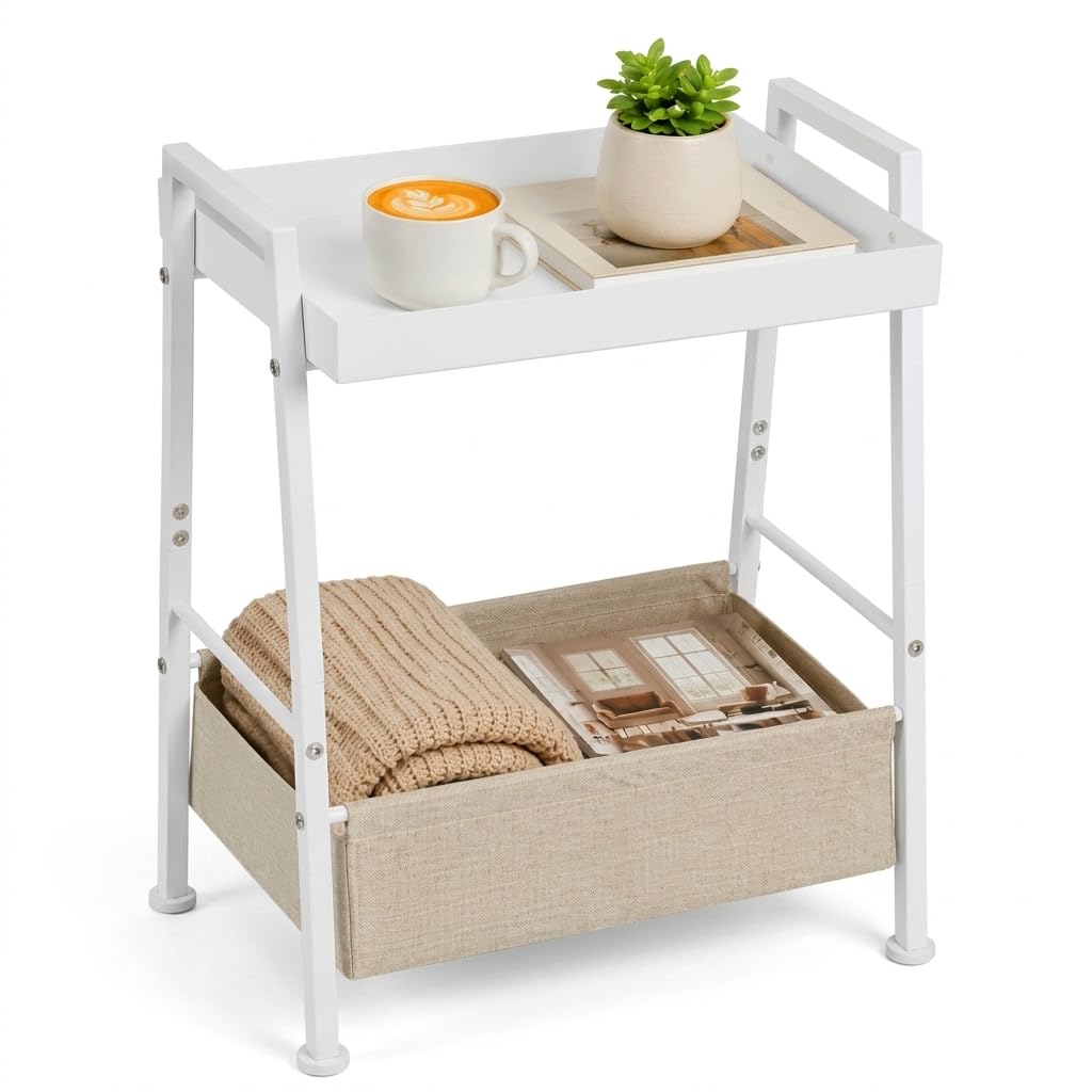 ZEXVIDA Small End Table with Fabric Storage Basket, 2-Tier Modern Metal Side Table with Tray Top