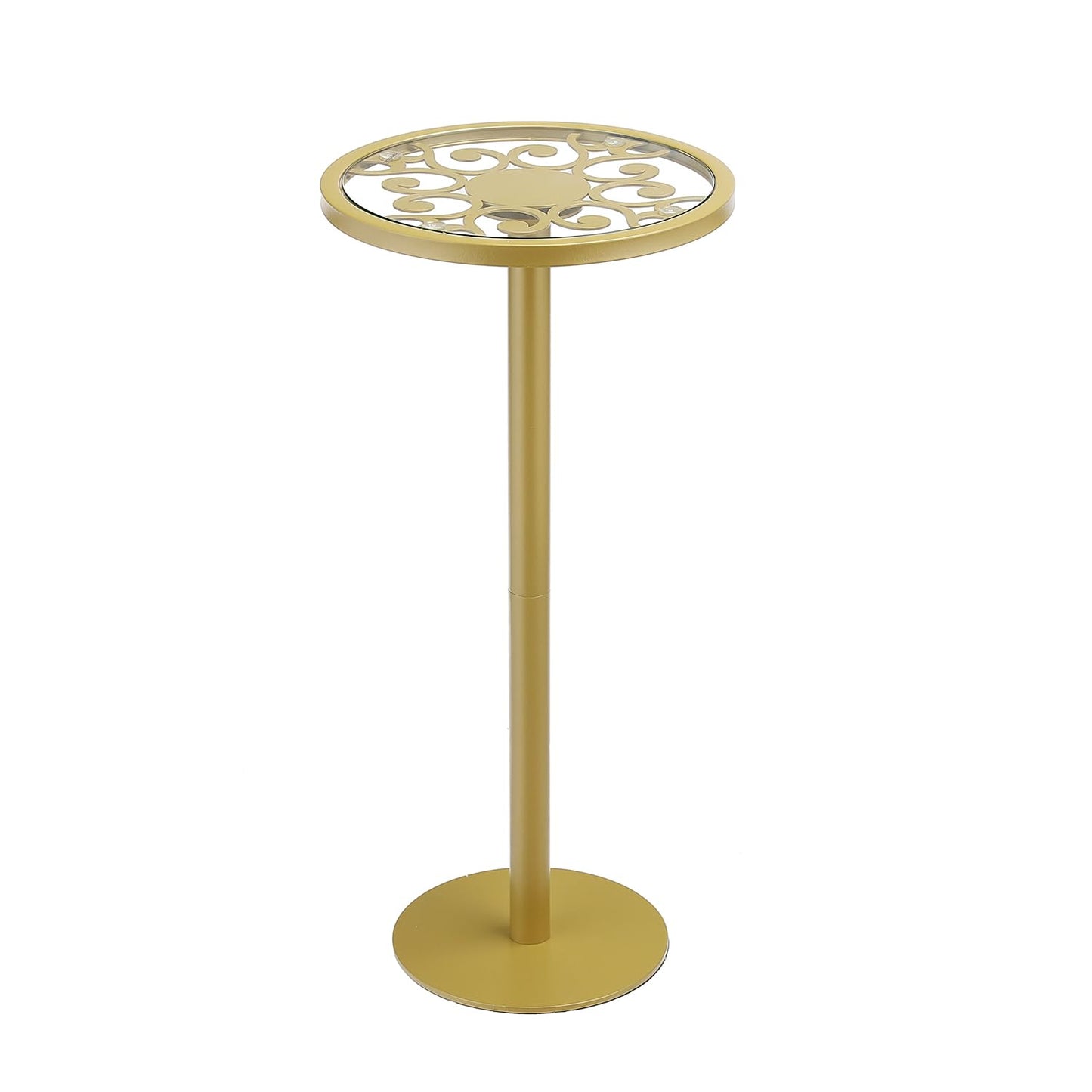 ZEXVIDA Gold Drink Table, Indoor Outdoor Small Round Side Table with Tempered Glass Top & Scroll Design