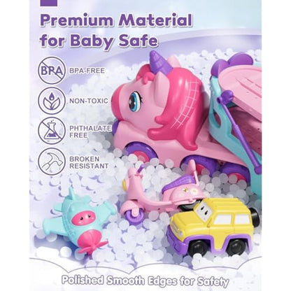 Lehoo Castle Toddler Toys for 1 2 3 Year Old Girls, Unicorn Gifts for Girls, 2 Year Old Cars Toys for kids, Birthday Gifts Carrier Truck with Light & Music