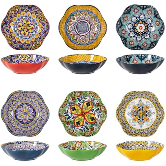 HENXFEN LEAD Porcelain Salad Bowl, 590ml Dessert Bowl Cereal Bowl, Multifunctional Flower Shaped Pasta Bowl for Ice Cream, Rice, Dessert, etc. Colourful, Pack of 6 - Bohemian Style
