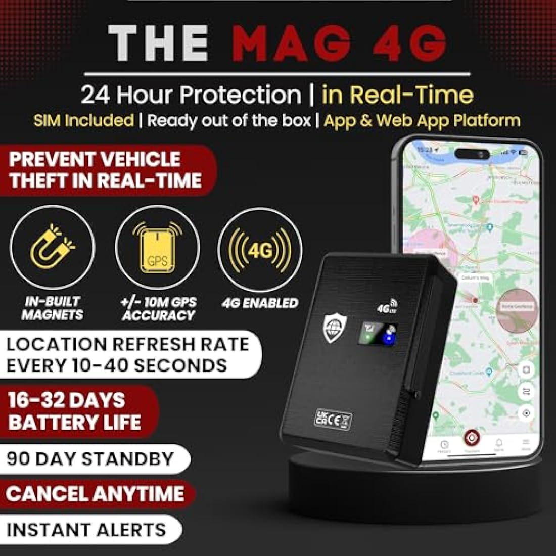 SafeTag Mag 4G – Rechargeable Magnetic 4G LTE GPS Tracker, Car, Van, Motorbike, Caravan, etc. 34-195 Countries, 90 Day Standby, Real Time Tracking and Alerts, 7 Day Free Trial+SIM Included, UK Company