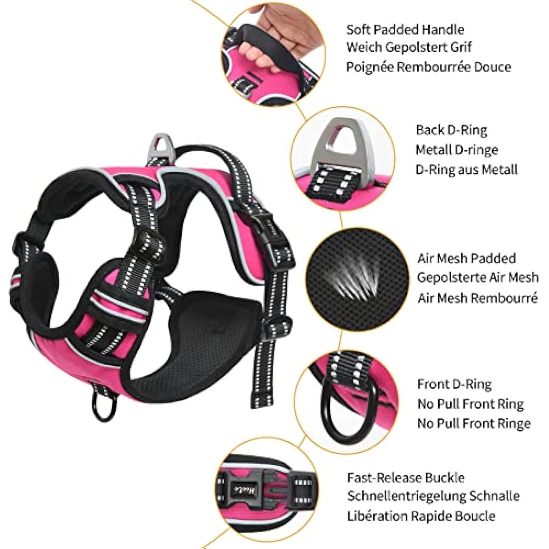 HEELE Dog Harness, Reflective Anti-Pull, Control, 2 Metal Rings, XL, Pink Red