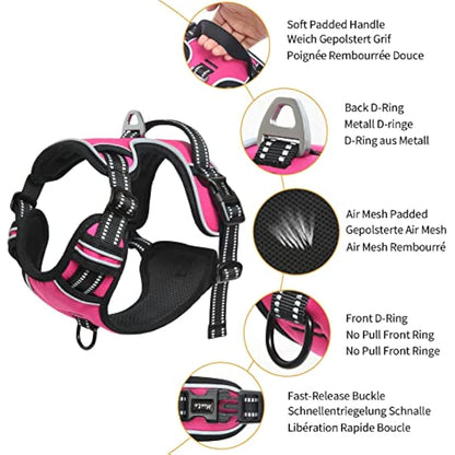 HEELE Dog Harness, Reflective Anti-Pull, Control, 2 Metal Rings, XL, Pink Red