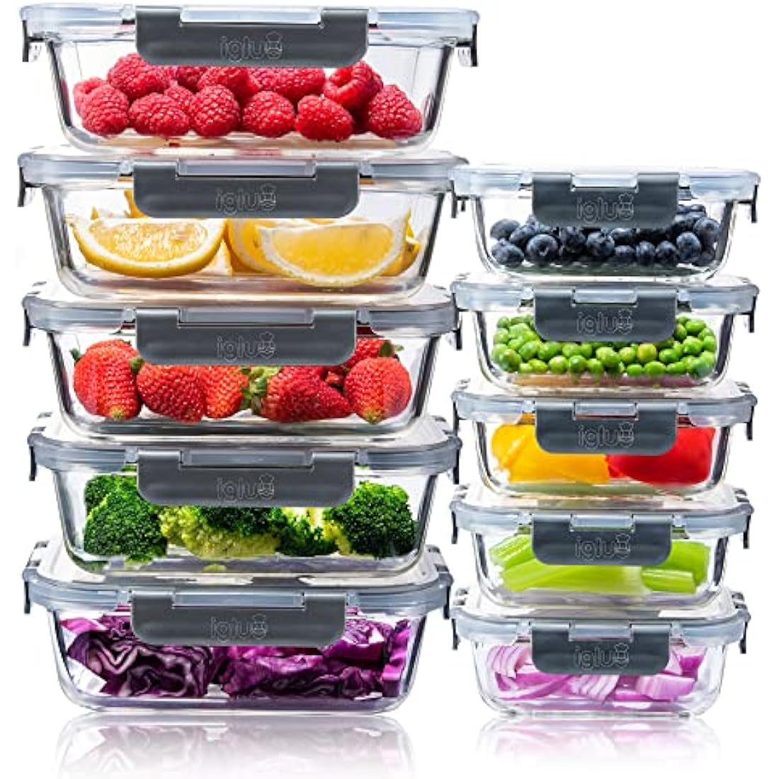 Igluu Meal Prep Glass Containers with Airtight Lids 10 Pack Rectangle 2 Sizes 1050ml and 370ml BPA-Free Meal Prep Containers Reusable – Borosilicate Glass, Oven Safe