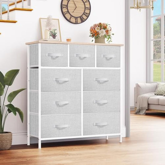 YITAHOME Wide Chest of Drawers with 9 Drawers, Fabric Dressers with Easy Pull Handle,Sturdy Steel Frame,Storage Drawers for Bedroom, Closet, Clothes, Light Grey