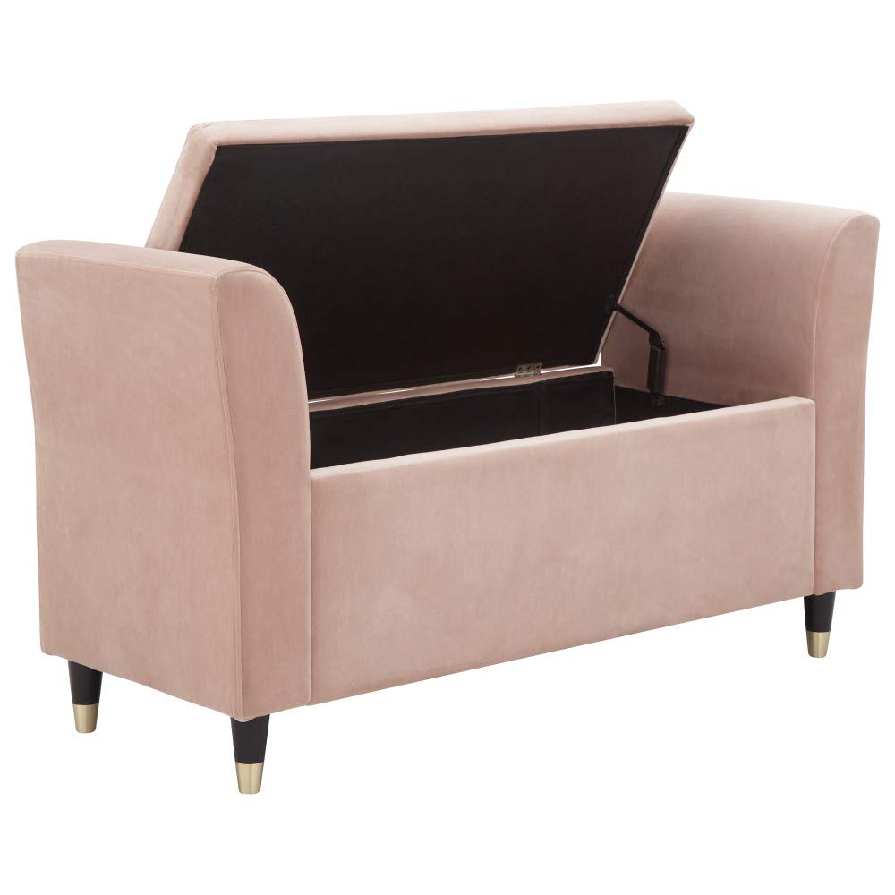 GFW Genoa Plush Fabric Ottoman Window Storage Seat With Wooden Accent Legs, Blush Pink, 41 x 107 x 58 cm