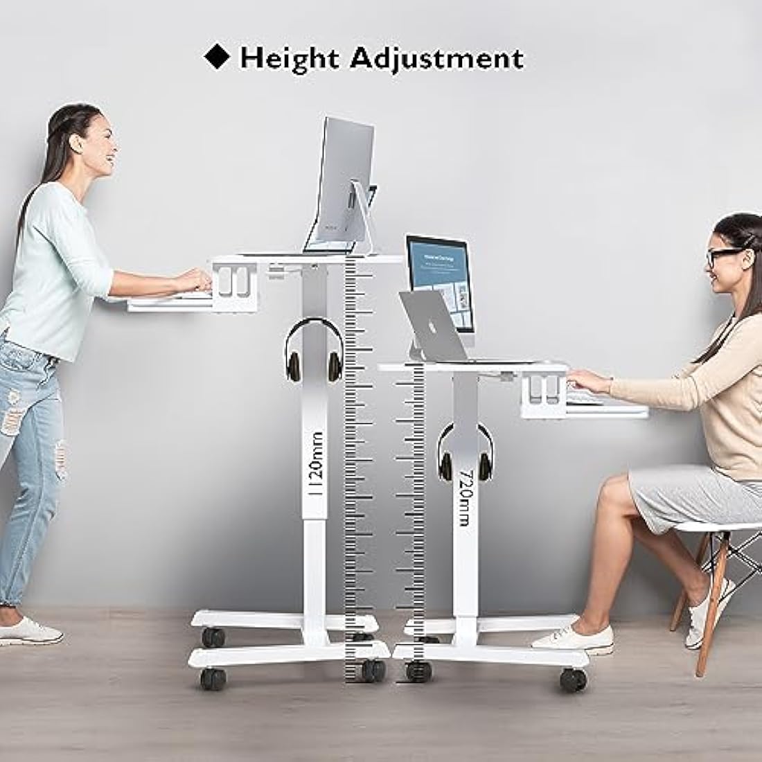 BONTEC 65 × 45cm Two-Tier Mobile Computer Workstation with 4 Rolling Castors, Laptop Stand on Wheels, Height Adjustable Standing Desk, Side Table for Living Room, Bedroom, Medical White