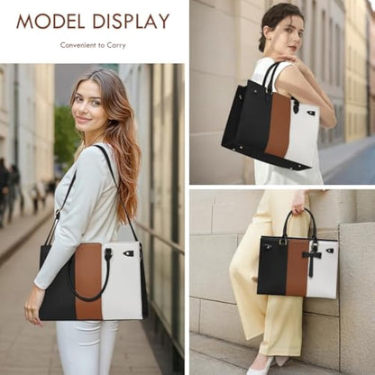 RAINSMORE Laptop Bags for Women PU Leather Work Bags for Women Tote Bag Large Handbag Shoulder Bag for Office 15.6 Inch Bussiness Black with White and Brown