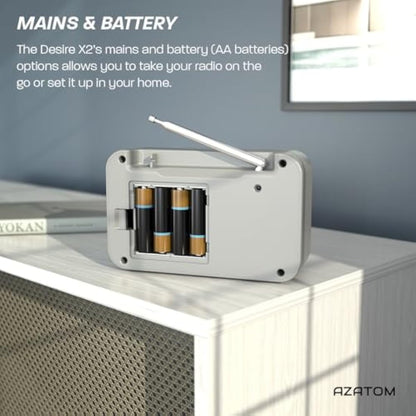 DAB/DAB+ & FM Portable Digital Radio | Simple Controls | Dual Alarms & Sleep Timer | Battery & Mains Powered (4x”AA”) | Bluetooth | Perfect for Home, Office or Outdoors | AZATOM Desire X2 (Grey)