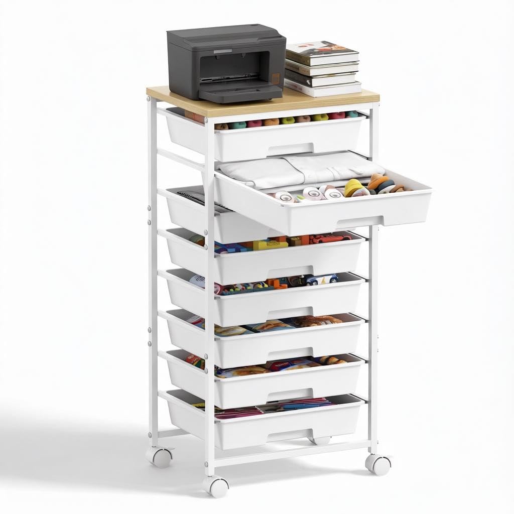 8 Drawer Rolling Storage Trolley with Wooden Worktop, Plastic Drawer Organiser Cart on Wheels with Lockable Silent Castors & Anti-Fall Latch