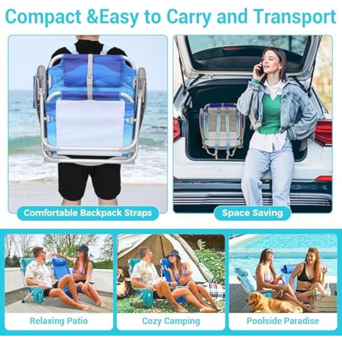 #WEJOY 4-Position Adjustable Beach Chair for Adults, Folding Low Camping Chairs Aluminum Lightweight & Portable, High Back Pillow Pocket Outdoor Reclining Garden Chair