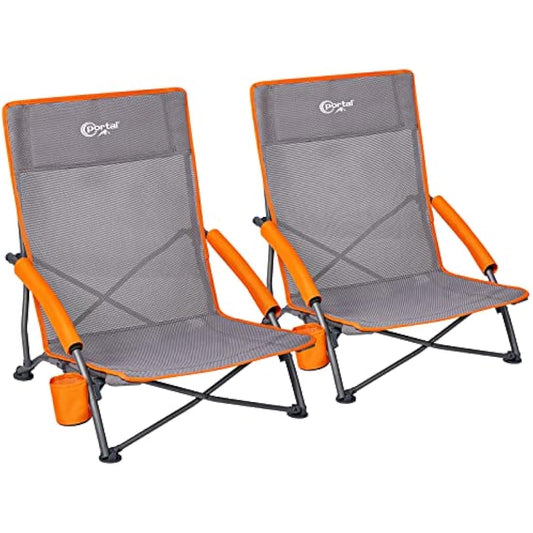 Portal Folding Beach Chairs Low Lightweight Portable for Adults Foldable Beach Seat Camping Festival Picnic Deck Chair Outdoor Collapsible with Cupholder Mesh Back Padded Armrests Supports 150KG
