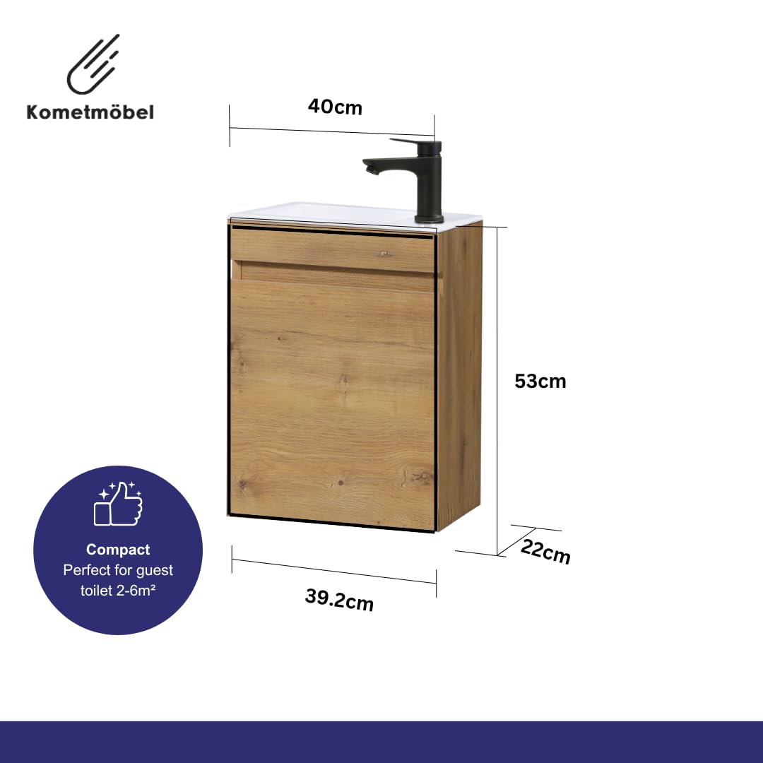 Kometmöbel Cloakroom Vanity Unit With Wash Basin Bathroom Vanity 40cm Wall Hung (Oak 40cm, Without Tap)