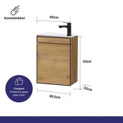Kometmöbel Cloakroom Vanity Unit With Wash Basin Bathroom Vanity 40cm Wall Hung Oak 40cm, Without Tap