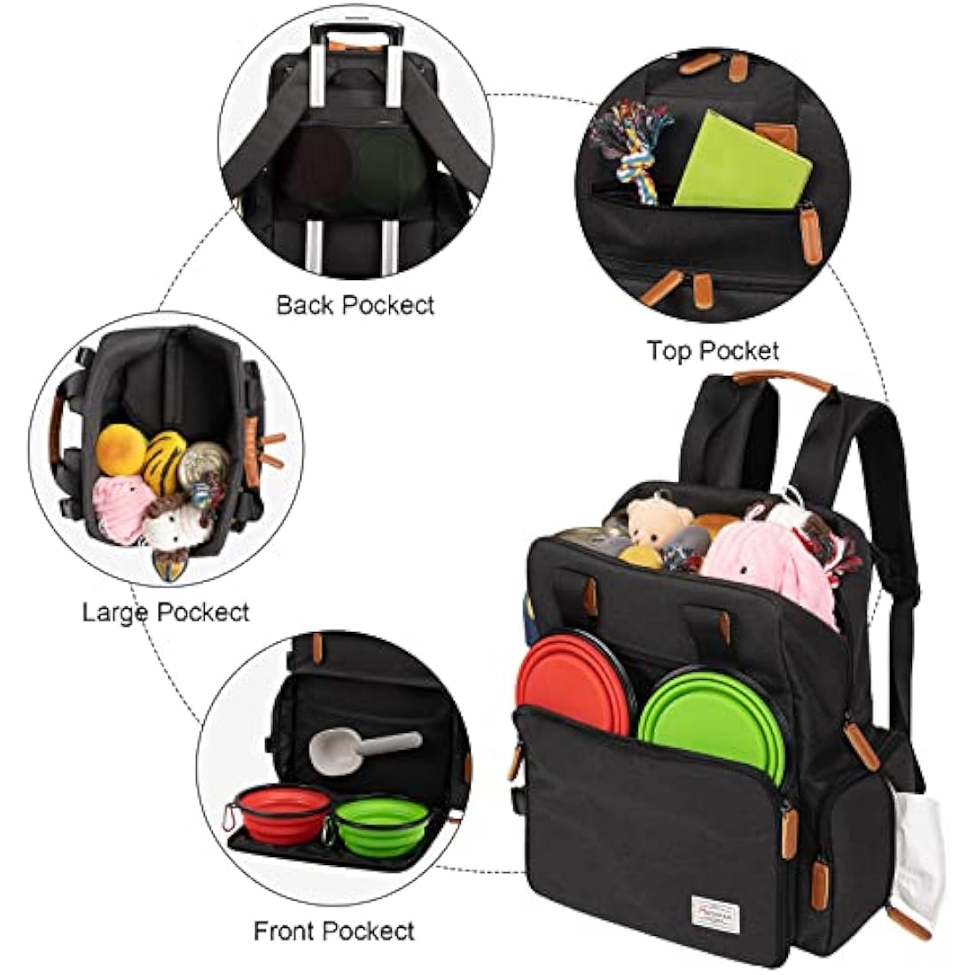 Modoker Dog Travel Bag, Airline Approved Backpack for Pet Accessories Organizer, Tote Weekend Bag with 2 Dog Food Storage Containers, 2 Collapsible Dog Bowls, 1 Pet Mat, Black
