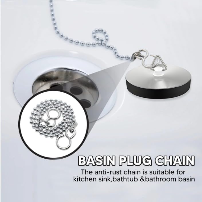 2PC Chrome Sink Plug with Chain for Bath or Kitchen - 45mm (1.3/4 Inch) with Ball Type and S Hook Shaped Chain Made of Stainless Steel 450mm (18 Inch)