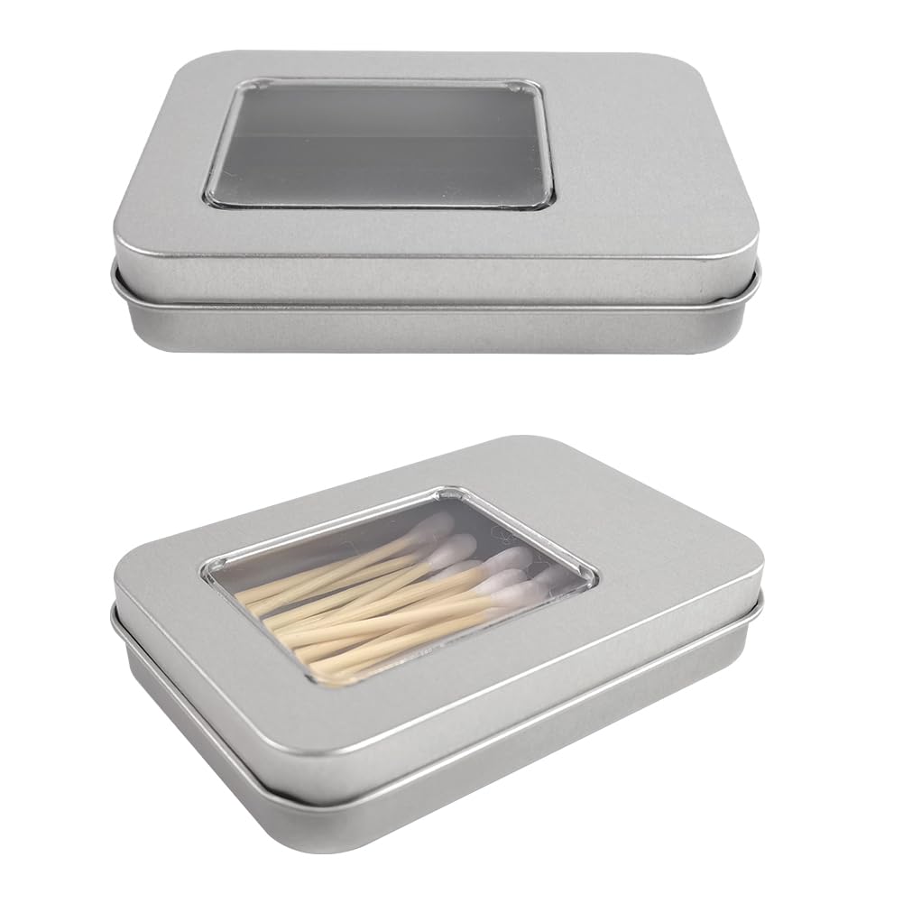 SwirlColor Cotton Swab Holder for Travel, 2 Pcs Portable Perspective Small Cotton Bud Holder Empty Metal Box Containers with Slide Top for Cotton