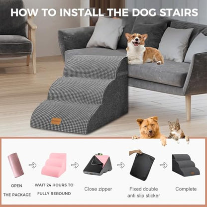 Trhillsbrad Dog Stairs for Small Dogs and Cats - 3-Step Non-Slip Stable Indoor Steps - 40x60x40cm
