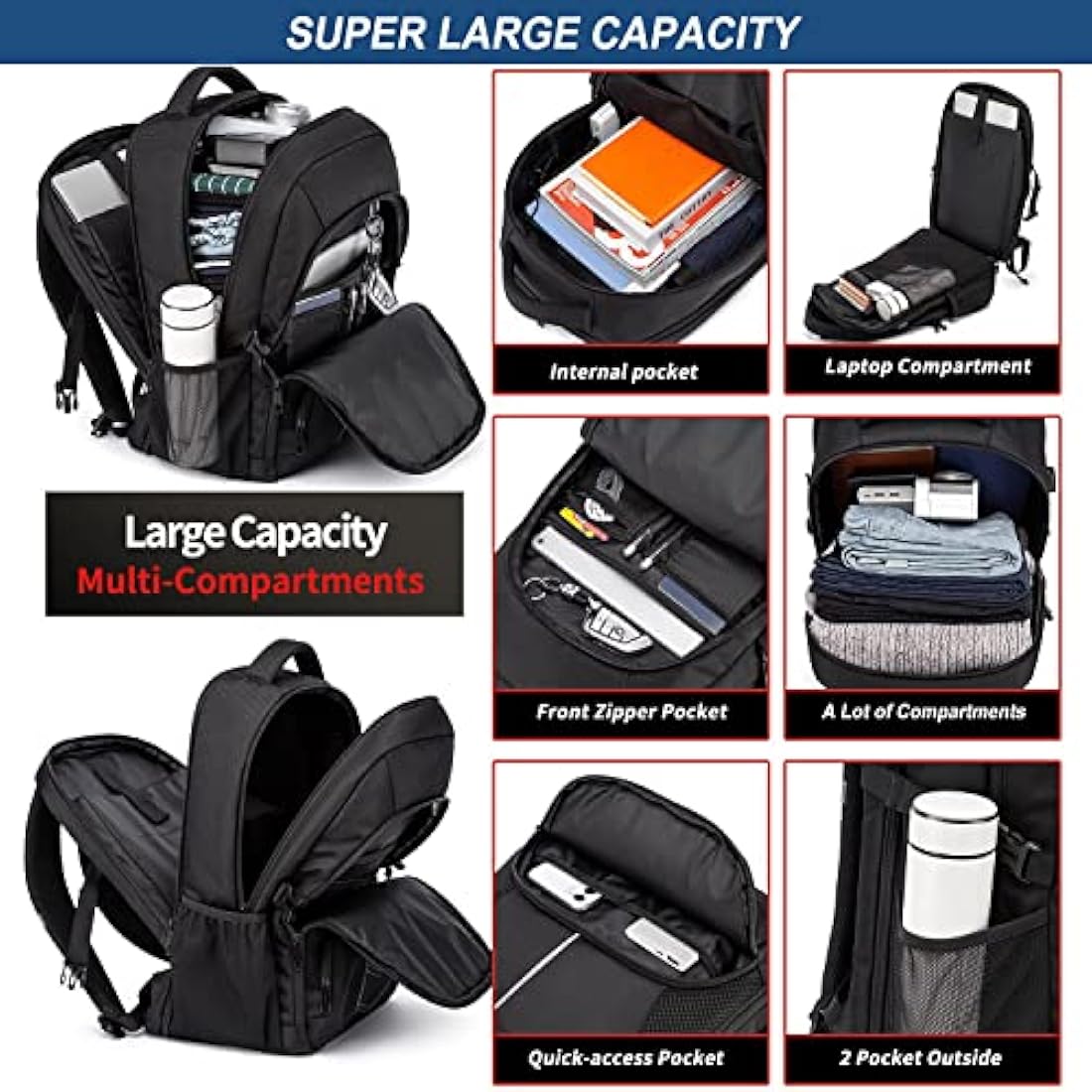 Extra Large Backpack 55L,18.4 Inch Travel Laptop Work Bag with USB Charging Port Big Business Flight Approved TSA Heavy Duty Computer Rucksack for Men Women College School,Black