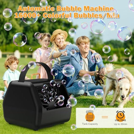 Bubble Machine, Bubble Machine for Kids 16000+ Bubbles/Min with 2 Speeds Portable Bubble Maker, Electric Bubble Blower for Kids Parties, Birthday, Wedding Scene, Camping, Powered by USB or Batteries