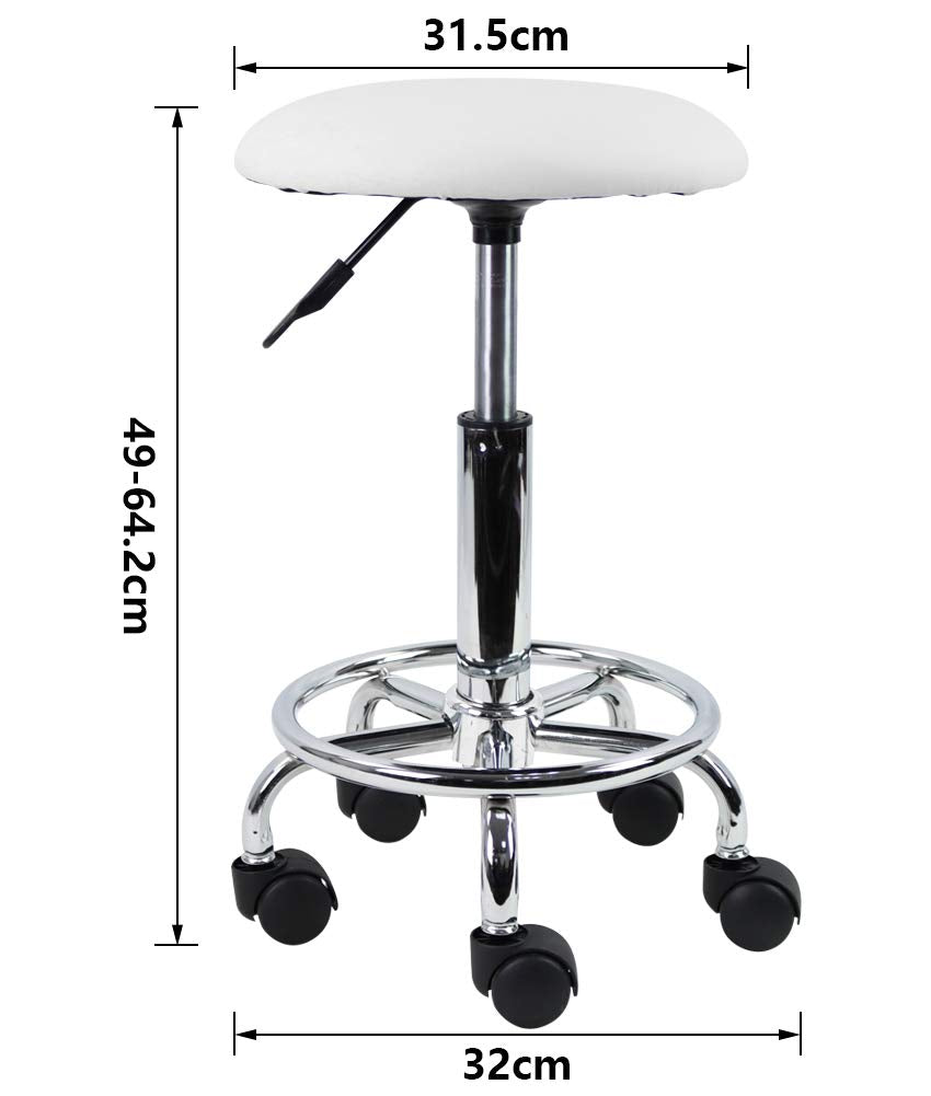 KKTONER Swivel Rolling Stool Height Adjustable PU Leather Cushion Salon Vanity Massage Office Stool Chair Small White