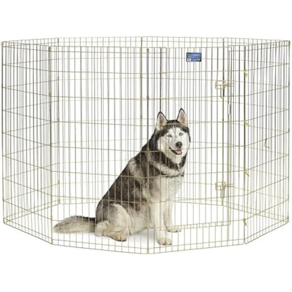 MidWest Homes for Pets Folding Metal Dog Exercise Pen and Pet Playpen with Door, Includes Grounding Stakes and Provides 1.5 Meters of Play Space, 122 cm Tall, Gold Zinc, 548-48