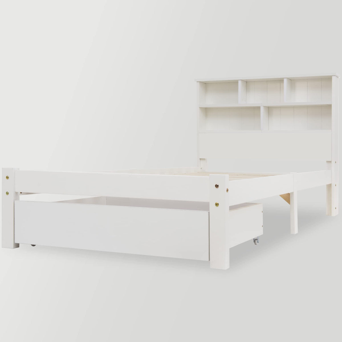 BTM Wooden Bed Frame with Shelves,Wooden Storage Bed, Shelf Headboard, Single Bed for Adult,Kids, Teenagers - 3FT 90 x 190 cm, White