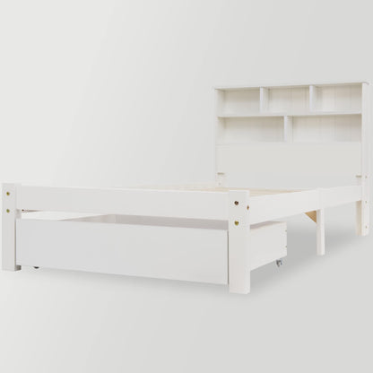 BTM Wooden Bed Frame with Shelves,Wooden Storage Bed, Shelf Headboard, Single Bed for Adult,Kids, Teenagers - 3FT 90 x 190 cm, White
