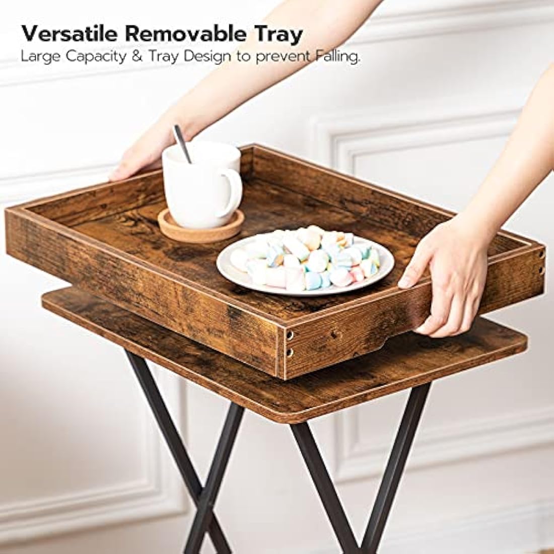 HOOBRO Folding TV Tray Tables for Eating, Snack Dinner Side Table with Removable Serving Tray, Foldable Bedside Occasional Coffee Table, Laptop Tables for Small Space, Rustic Brown EBF29BZ01