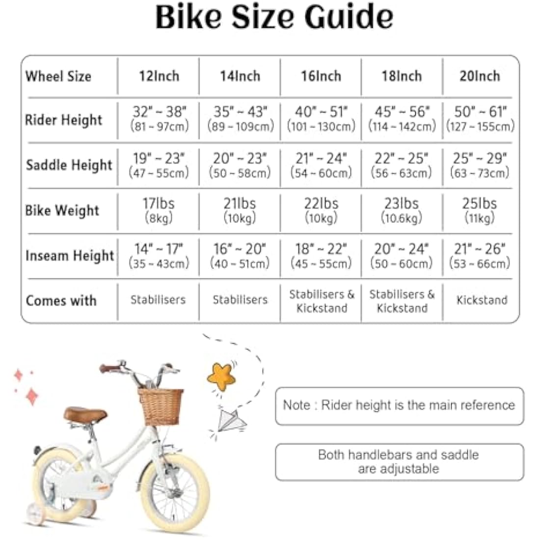 Glerc Little Molly 14 Inch Kids Retro Girls Bike for 2-13 Year Old with Wicker Basket & Stabilisers/Kickstand, Multiple Colors