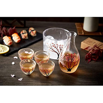 DUJUST Japanese Sake Set for 4, Handcraft Pink Cherry Blossoms Design, 1 Sake Bot