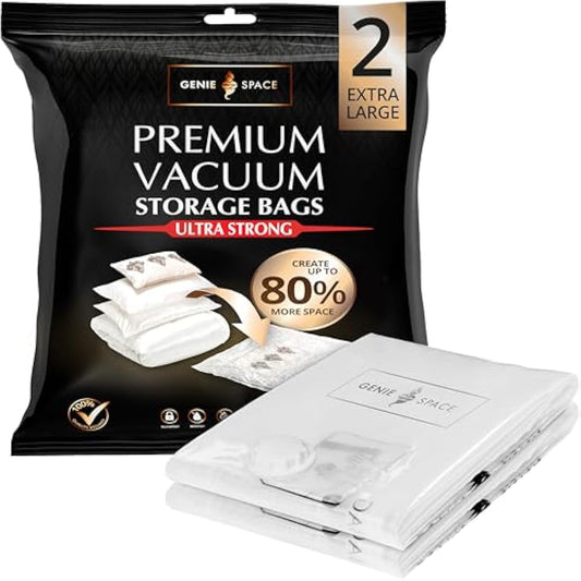 GENIE SPACE Premium Vacuum Storage Bags for Drawers, Suitcases and Wardrobes - Airtight, Odour-Proof, Reusable - Double Zipper Seal Compact Organiser - 100x80 cm, 2-Pack, XL