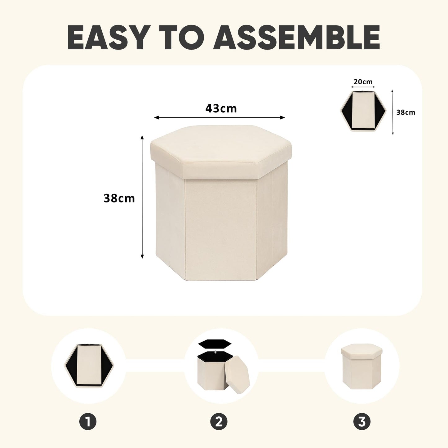 PINPLUS Hexagonal Storage Ottoman, Velvet Foldable Footstool, Cream White