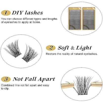 Cluster Lashes 480 Pcs QUEWEL Individual Eyelashes MIX10-18 D Curl DIY Lash Extensions Thin Band Lash Clusters Eyelashes Individual Volume False Eyelashes Soft & Light For Home Use（honey01 D MIX10-18）