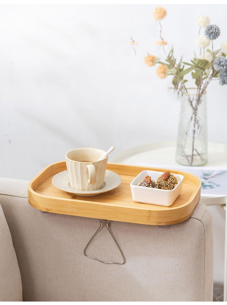 Hosoncovy Bamboo Wooden Sofa Arm Tray with Clip, Chair Coach Armrest Table Organizer (Rectangular - Yellow)