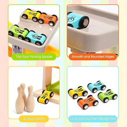 Wooden Car Ramp Toys Zig Zag Cars Slide Toddler Toys Wooden Click Clack Race Track Bowling Game Wood Car Toy Garage with 4 mini Cars 3 Bowlings for 1 2 3 Year Old Boys Girls Gifts