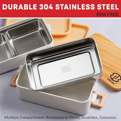 BMORE® Lunch Box,1000ml Bento Box with Stainless Steel Cutlery & Chopsticks. Stackable 2 Layer Food Container for Adults, Kids. Microwave & Dishwasher Safe (Stainless Steel Liners Included) UK Company