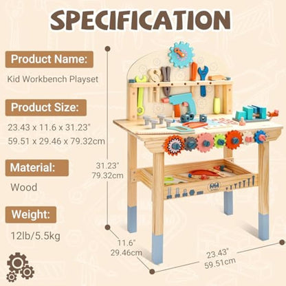 Tool Bench for Kids Toy Play Workbench Wooden Tool Bench Workshop Workbench with Tools Set Wooden Construction Bench Toy for 3 4 5 Year Old Boys and Girls