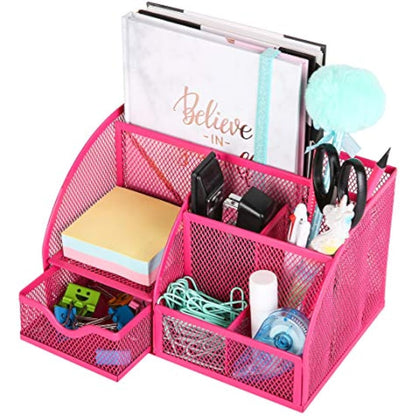 EXERZ Desk Organiser/Mesh Desk Tidy Caddy/Pencil Holder Multifunctional with 7 Compartments - Pink