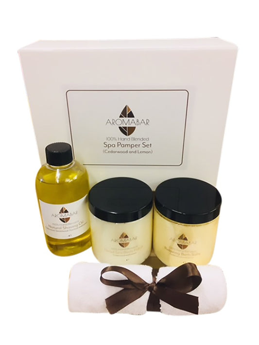 Spa Pamper Gift Set Cedarwood & Lemon with Shaving Oil, Body Scrub and Bath Salts