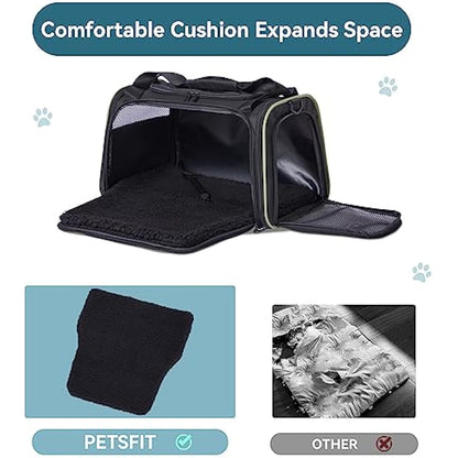 PETSFIT Soft Cat Carrier with Extendable Fleece Pet Mat, Kitty Carrier Airline Approved with Safety Leash for Pets Up to 12 Lbs (44 * 26.5 * 27CM, Black)
