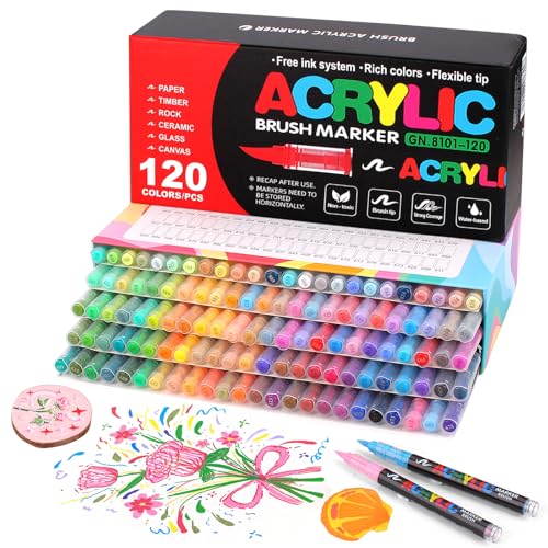 Gunsamg 120 Colors Acrylic Paint Marker Set  Water-Based Paint Pens with Flexible 1-5mm Brush Tip for Rock, Ceramic, Glass, Stone, Metal, Fabric