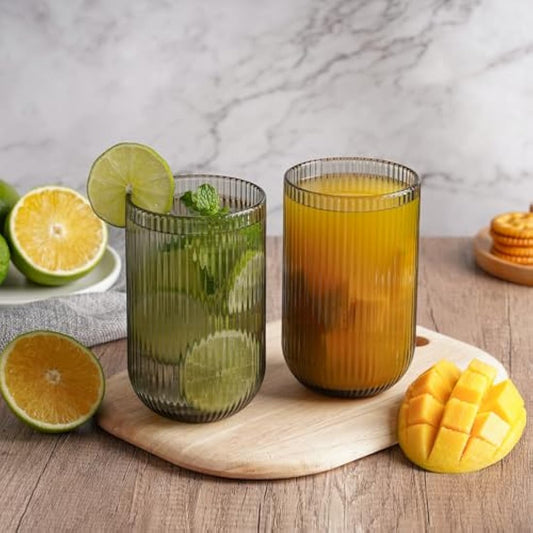 TKNO 6X 410ml Ribbed Highball Glasses Tall Hi Ball Glass Water Gin Juice Cocktail Drinking Glassware Origami Style Fluted Ripple Beverage Tumblers Set, Ideal for Home, Restaurant, Events & Parties