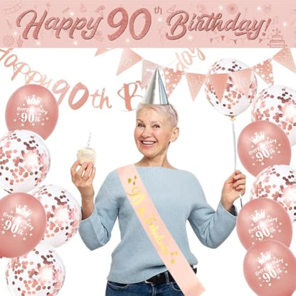 DEARLIVES 14 Pieces 90th Happy Birthday Decorations,Rose Gold 90th Birthday Party Supplies Including Happy 90th Birthday Banners Birthday Straps Triangle Flag Bunting Confetti Latex Balloons