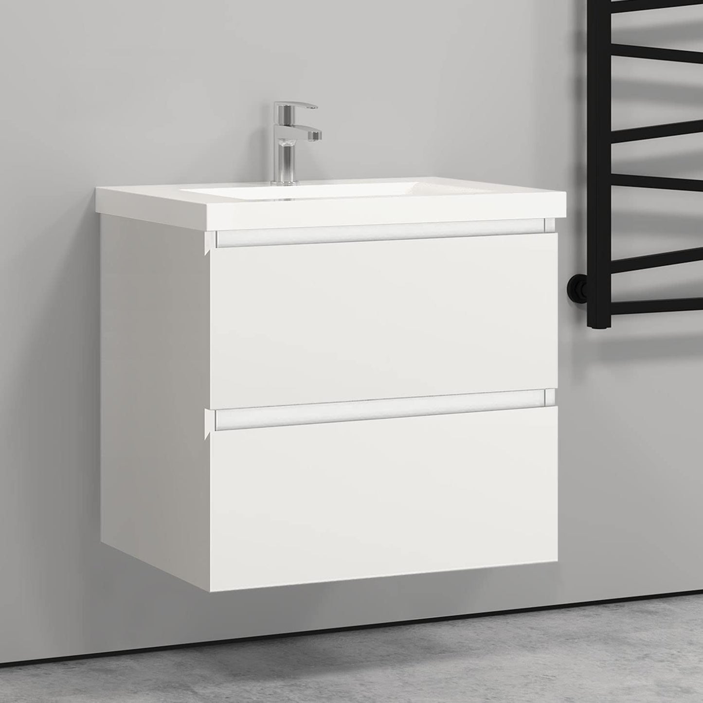 Biubiubath 600mm Bathroom Sink Unit with Basin Matt White 2 Soft Close Drawers Wall Mounted Bathroom Suite with Vanity Unit