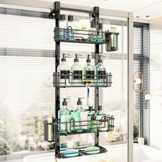 HapiRm Shower Caddy Hanging - 4 Tier Over Door Shower Shelf, Bathroom Storage with 22 Hooks and 2 Toothbrush Holders, No Drilling Adjustable Bathroom Shelf - Black
