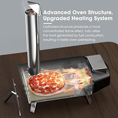 Mimiuo Outdoor Wood & Pellet Fired Pizza Oven for Garden, Black Coated Classic W-Oven Series with Pizza Stone & Foldable Pizza Peel