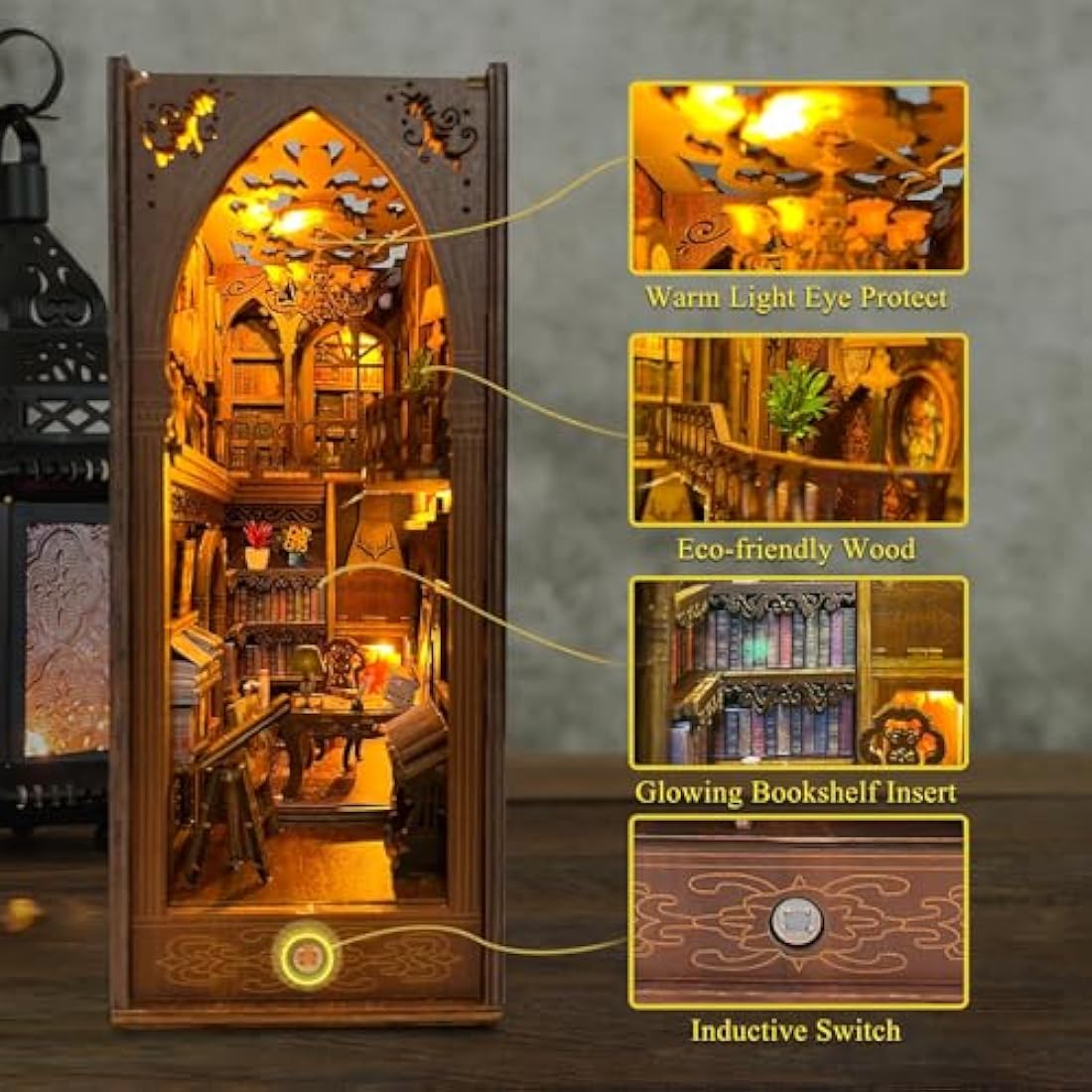 CRIOLPO Book Nook Kit - DIY Dollhouse Booknook, Book Nook Miniature Kit for Bookshelf Insert Decor Crafts for Adults Teens, 3D Wooden Puzzle Bookends with Sensor Led Light (Library of Books)