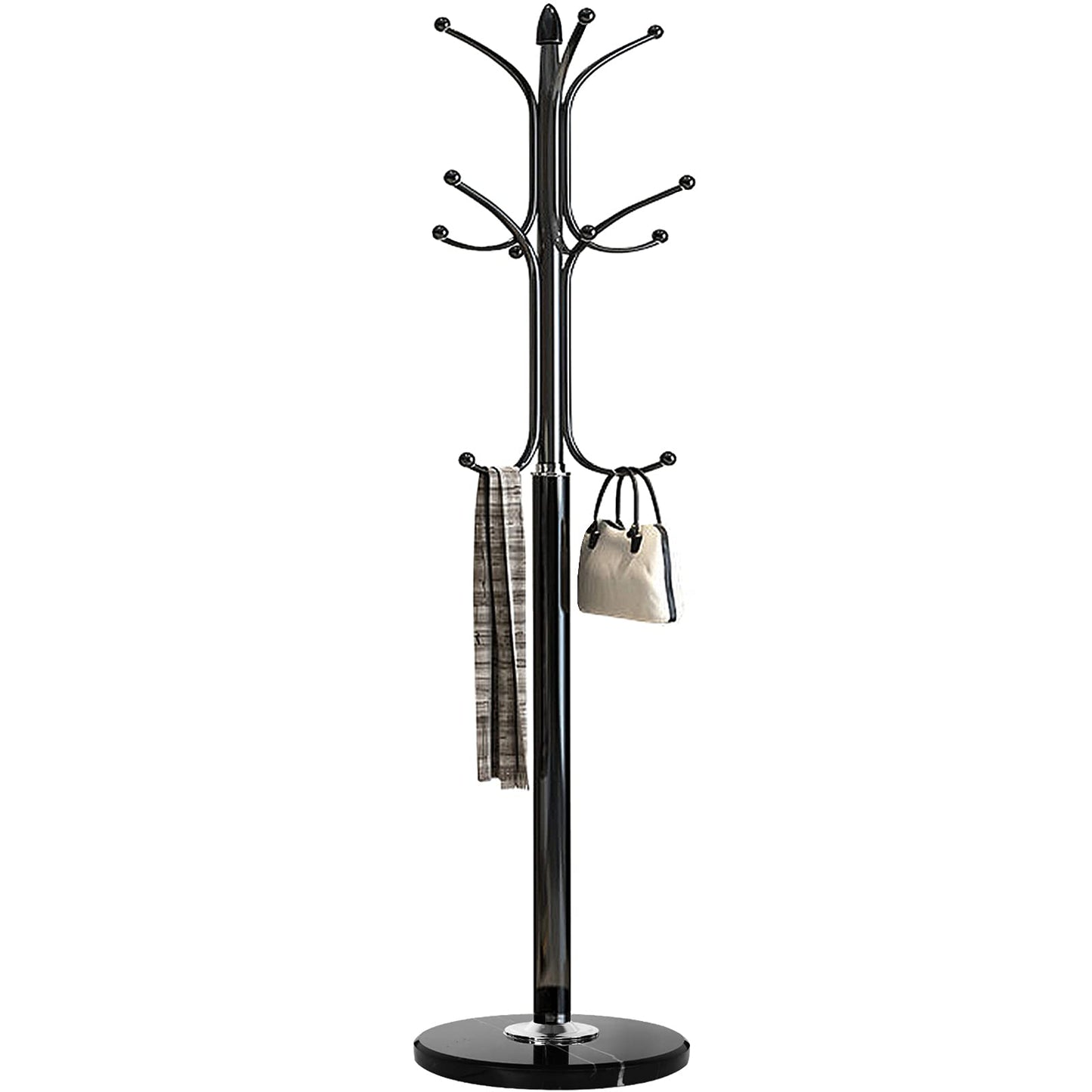 Kertnic Metal Coat Rack Stand with Natural Marble Base, Free Standing Hall Tree with 12 Hooks for Hanging Scarf, Bag, Jacket